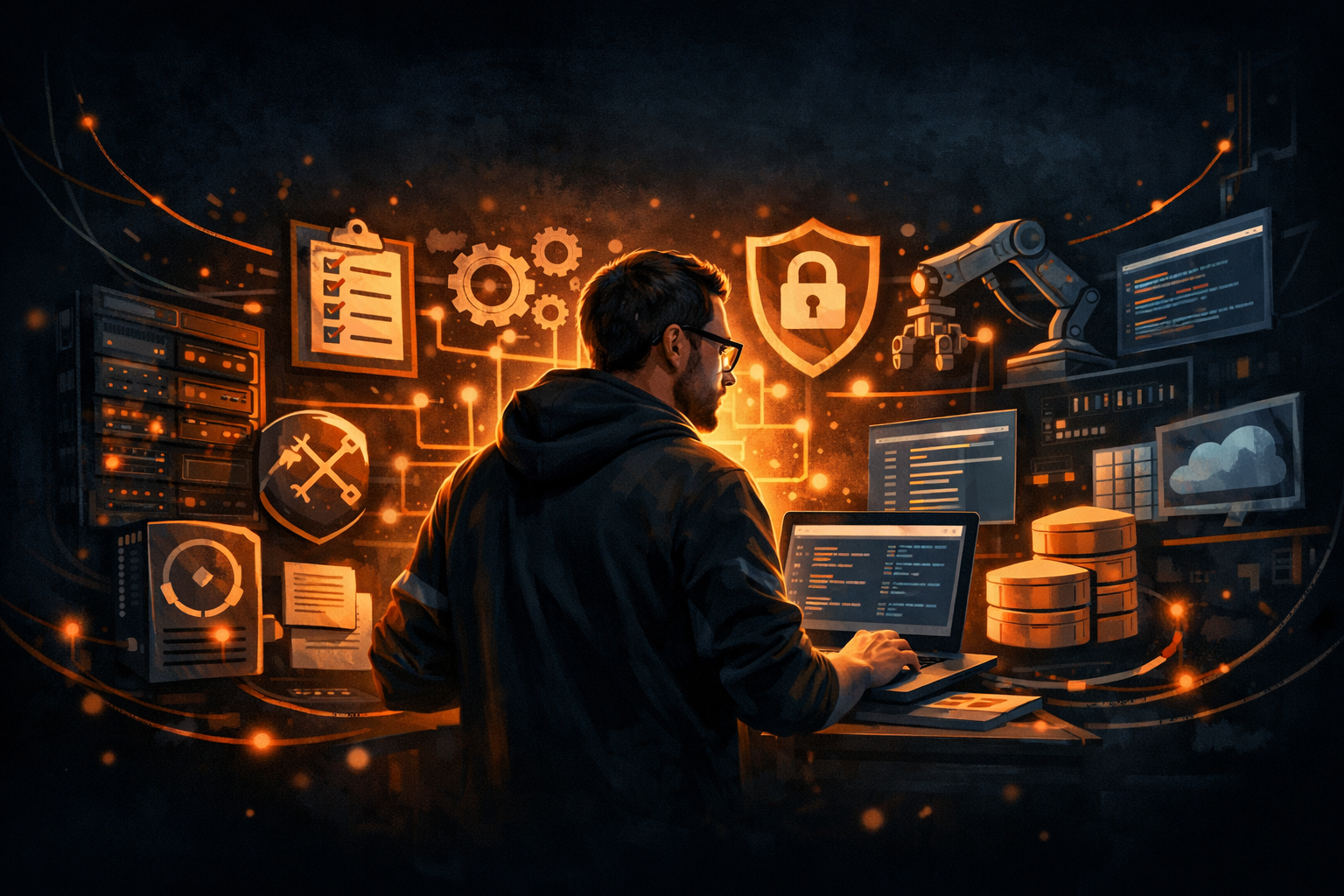 Illustration representing a technician managing complex systems